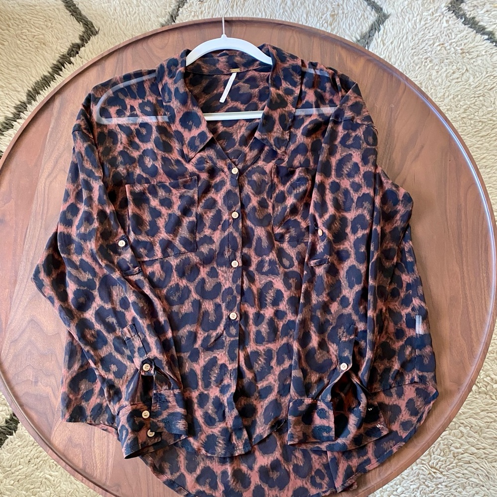 Free People- Leopard Print Button-Up Sheer Blouse (women’s S)